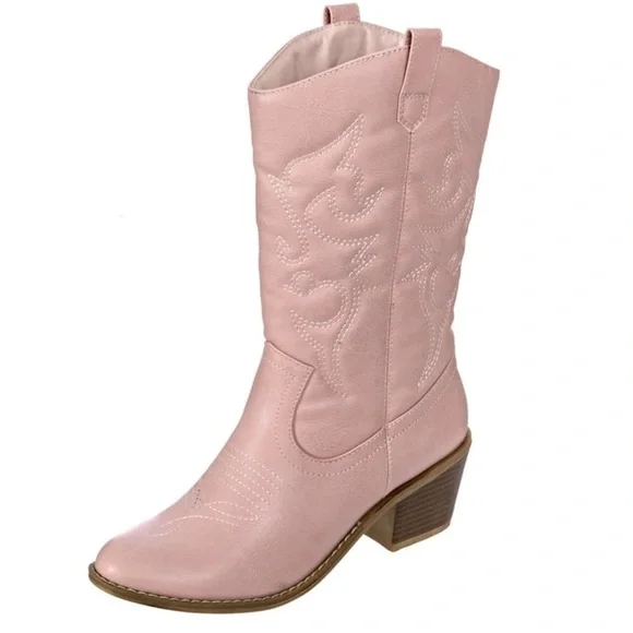 Cowgirl Boots pink faux leather Mid-Calf Stiching Western Low Stacked Heel - Picture 2 of 12